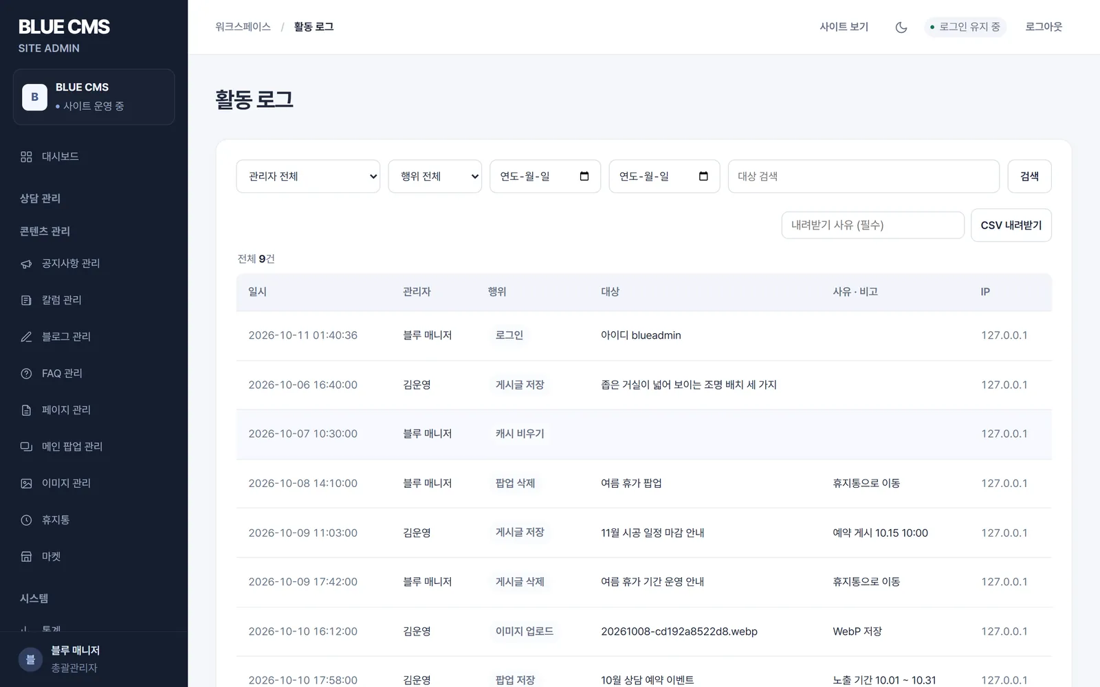 활동 로그 화면: 관리자별 로그인, 게시글 저장, 팝업 저장 기록