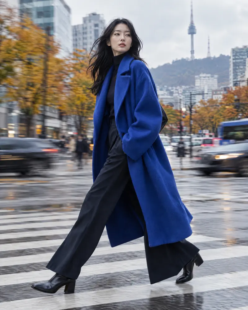 파란 코트를 입고 서울 횡단보도를 걷는 모델