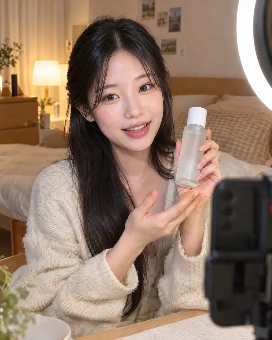 카메라 앞에서 화장품을 소개하는 크리에이터