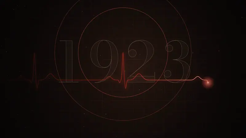 심전도 용지 위로 박동 하나가 지나가고, 그 뒤로 1923이 떠오릅니다.