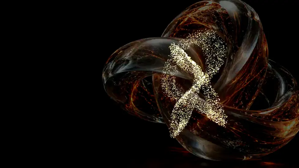 흩어지는 입자 장면: 매듭의 표면이 입자로 흩어지며 사슬의 흔적을 남깁니다.