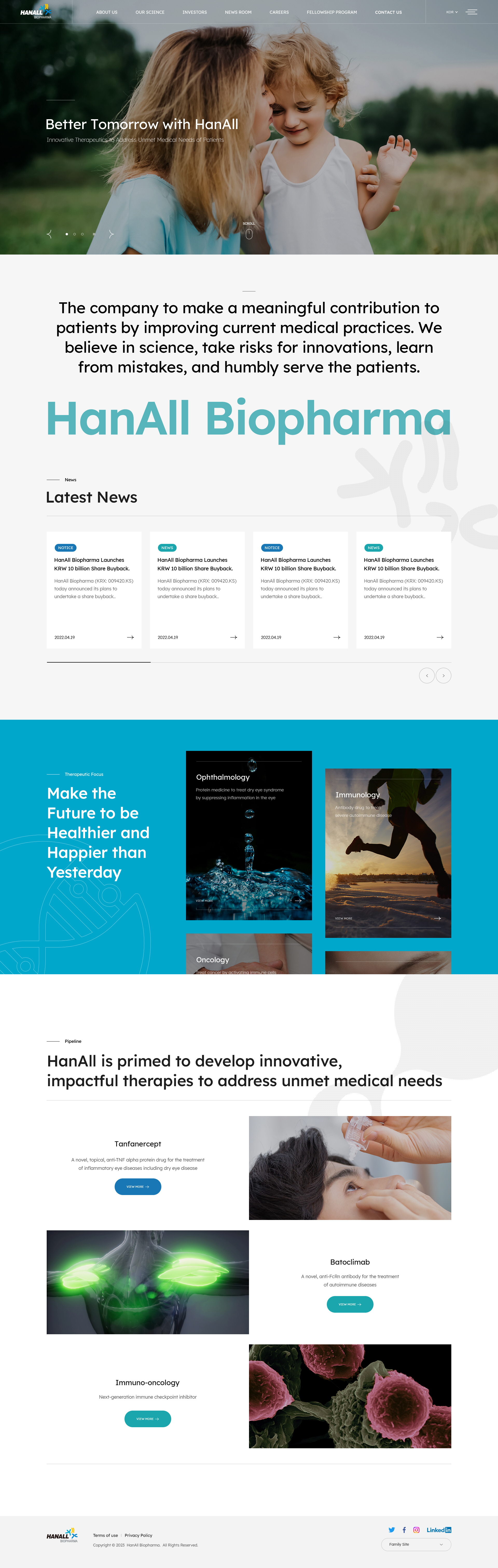 한올바이오파마 웹사이트 메인 비주얼
