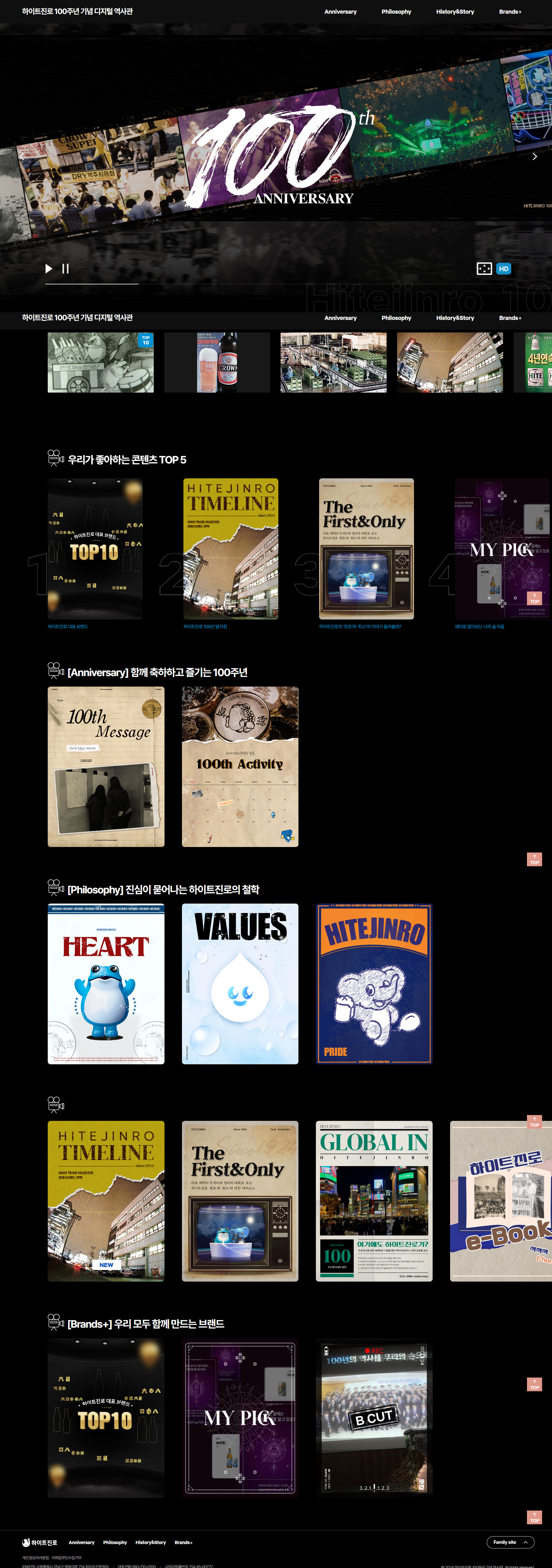 하이트진로 100주년 디지털 역사관 메인 화면